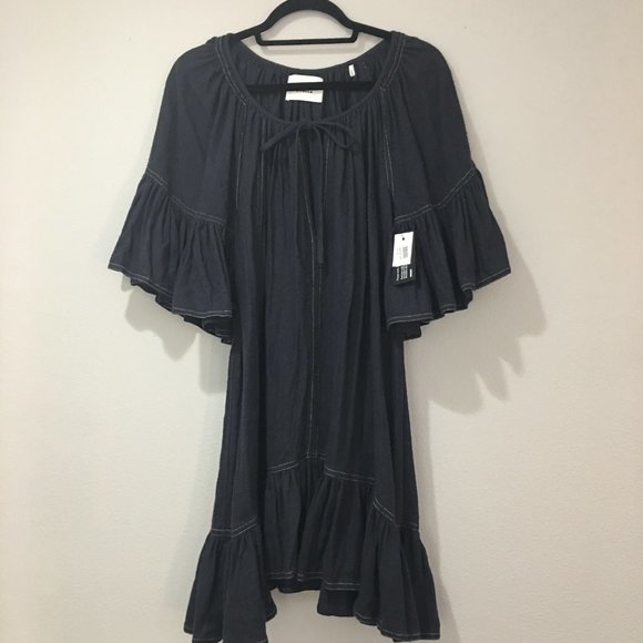 Marant Etoile navy blue with white stitching ruffled short sleeve dress - Picture 2 of 3